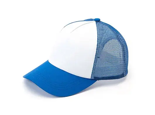 blue and white trucker cap