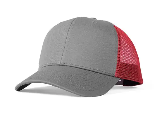 grey and red trucker hat