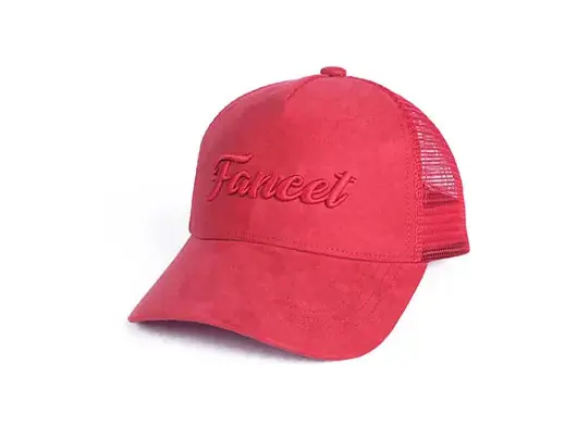 red embroidered trucker hat