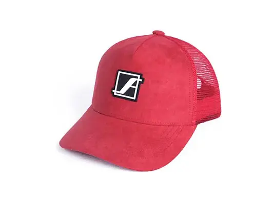 red patch suede trucker hat