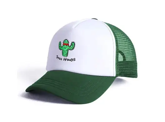white and dark green trucker hat