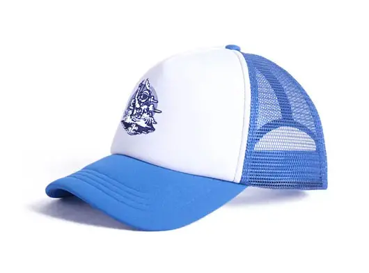 white and royal blue trucker hat