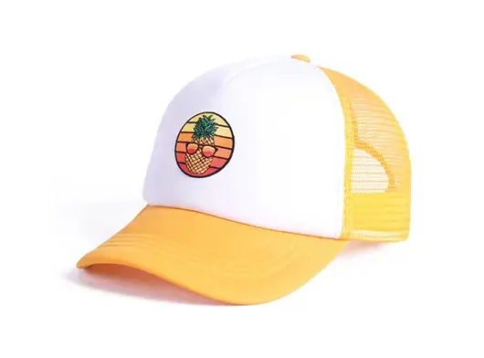 white and yellow trucker hat