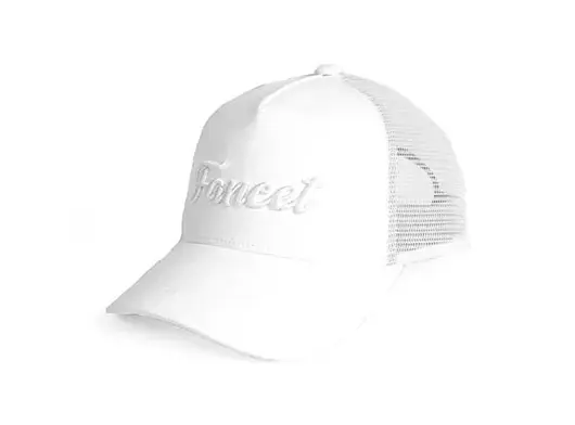 white embroidered trucker hat